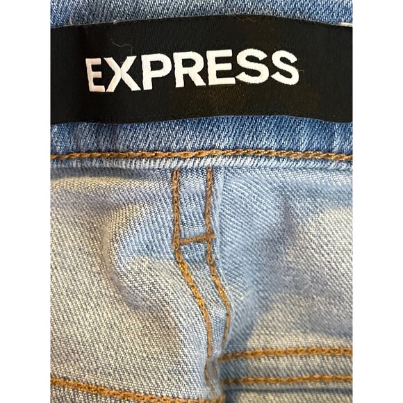 Express High Rise Shortie Denim Shorts 6 Blue Distressed Raw Hem Summer Look - Picture 4 of 8